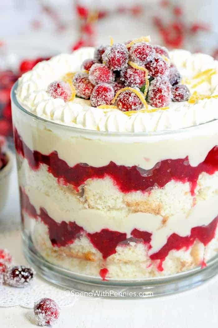 Cranberry trifle made with layers of jam, cream and angel food cake topped with whipped cream and sugared cranberries, orange peel, and shaved white chocolate.