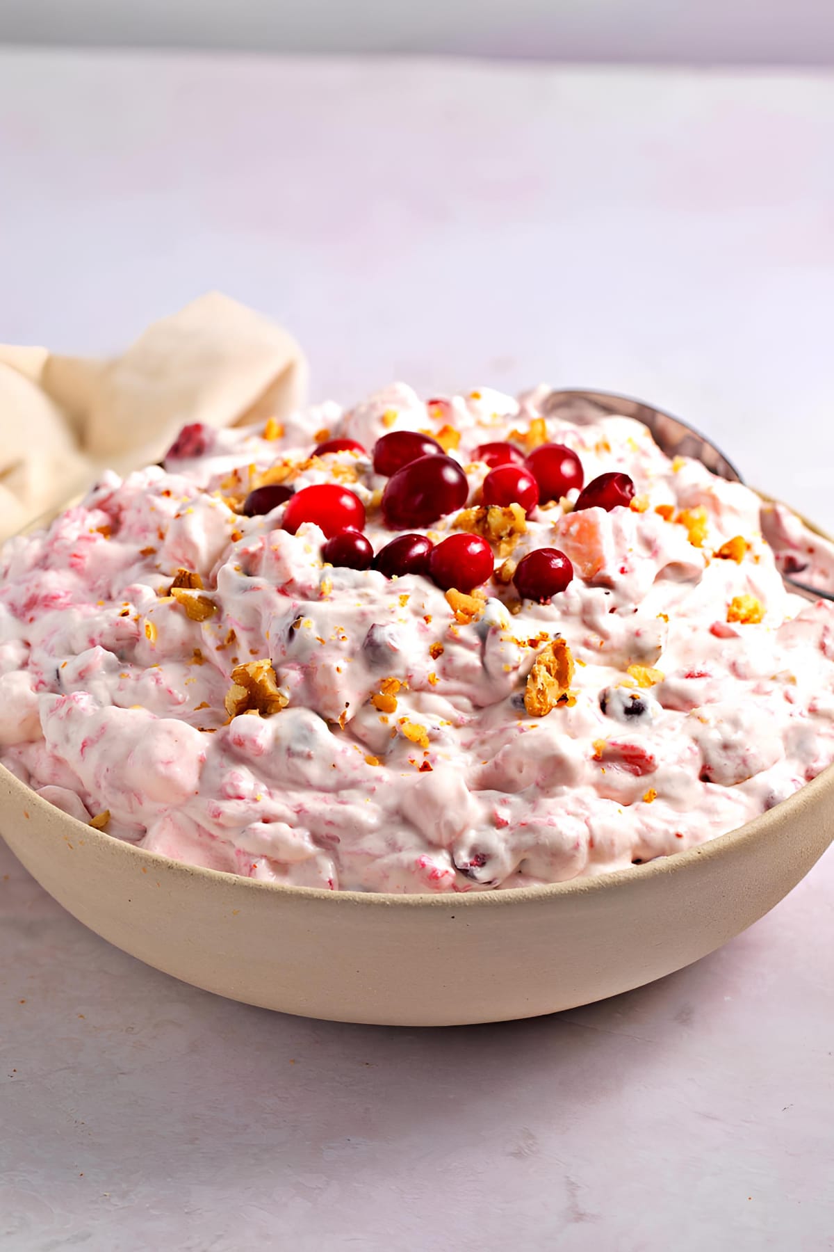 Close up view of a creamy salad with cranberries and walnuts on top