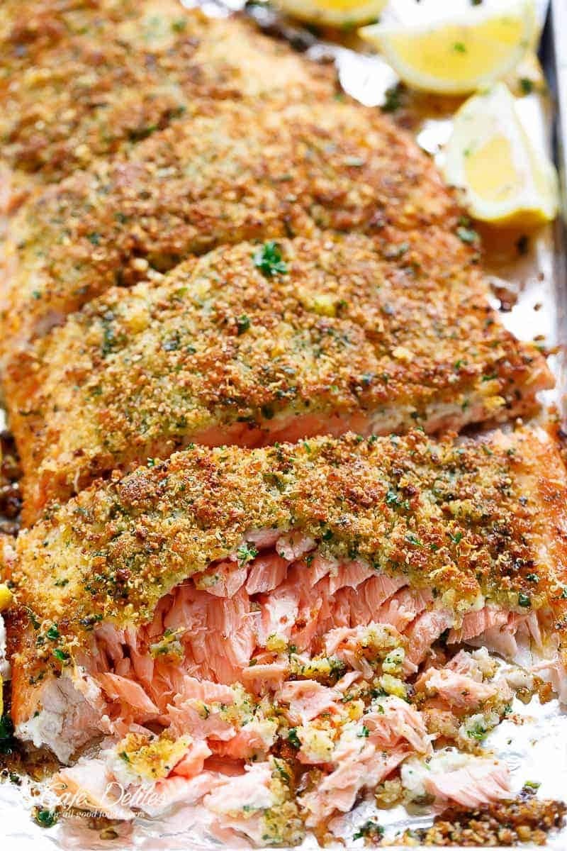 Salmon topped with parmesan cheese, garlic and herbs.
