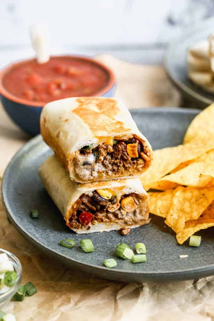 Homemade crispy southwest wrap filled with ground beef and vegetables