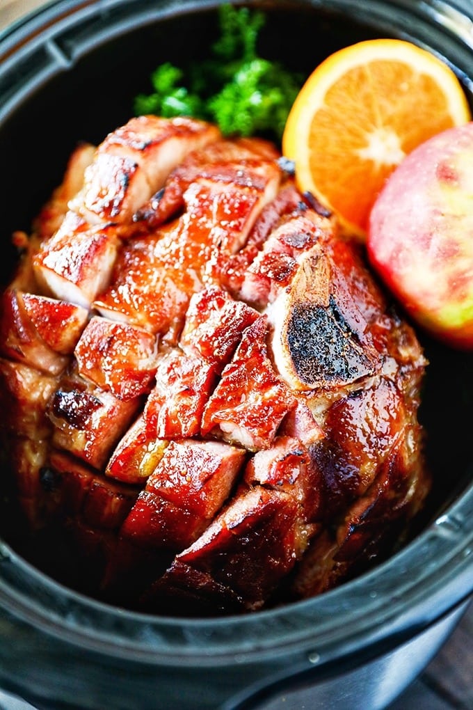 Glazed ham cooked in slow cooker. 