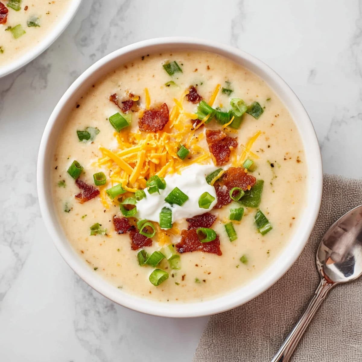 A bowl of potato soup with cheese, green onions and bacon.