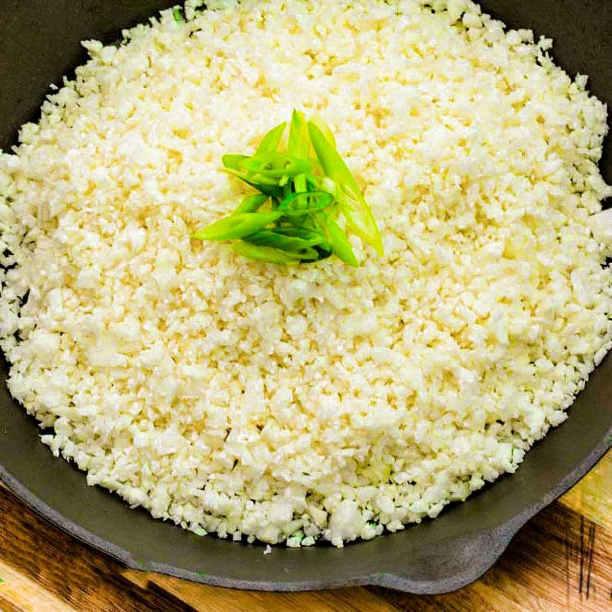 Cauliflower rice in skillet. 