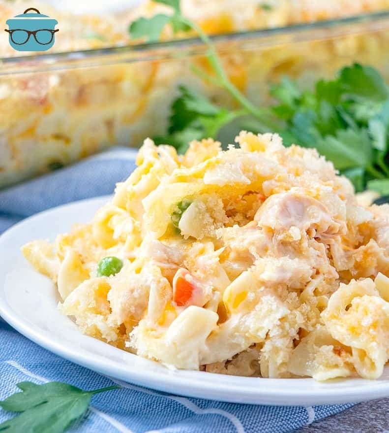 A serving of chicken noodle casserole with breadcrumb toppings. 