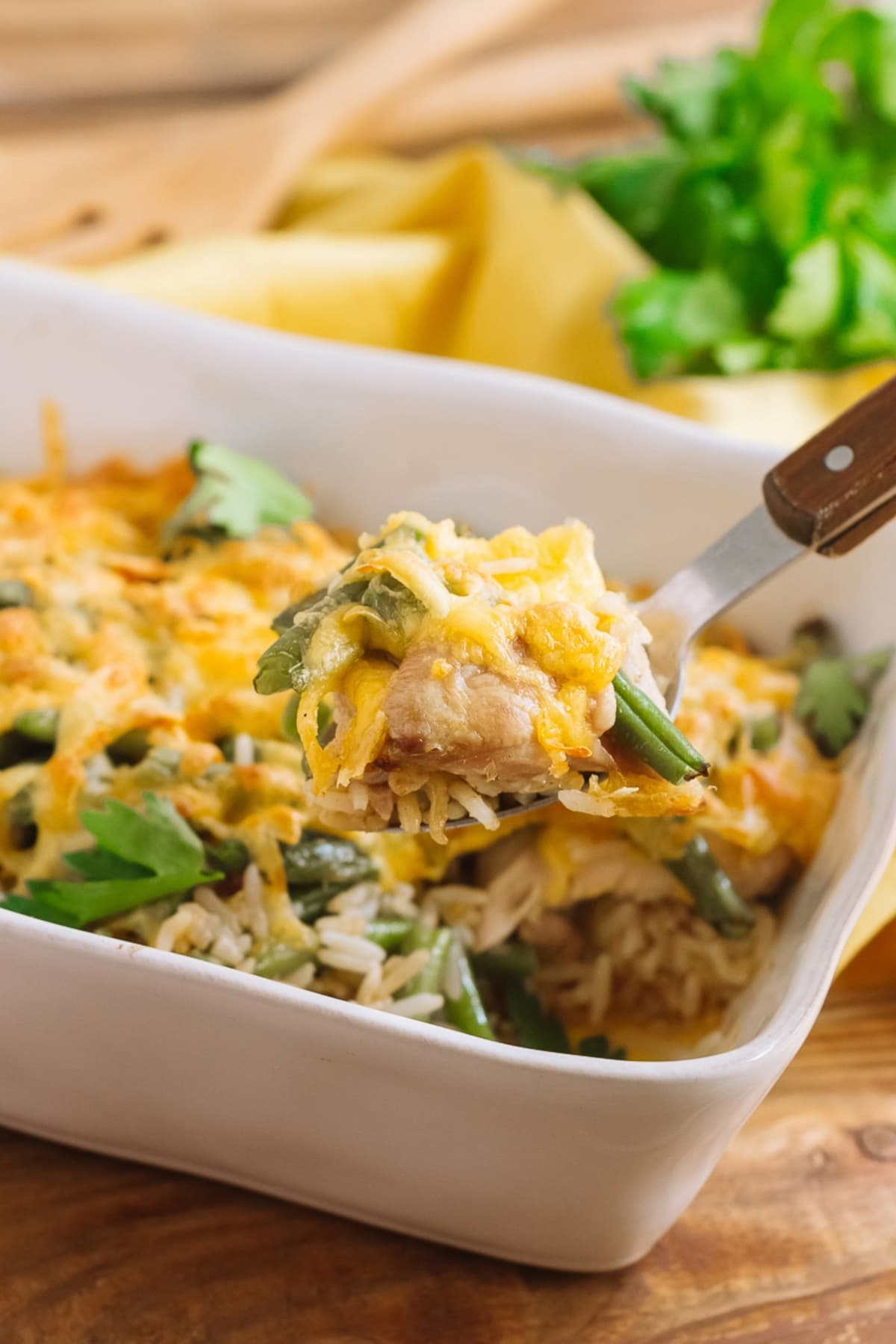 A delicious casserole dish featuring tender chicken and fluffy rice, perfectly cooked and ready to be enjoyed