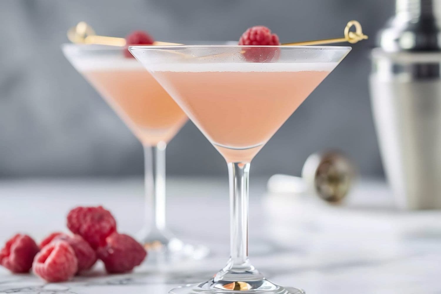Two French Martinis with Raspberries and a Cocktail Shaker in the Background