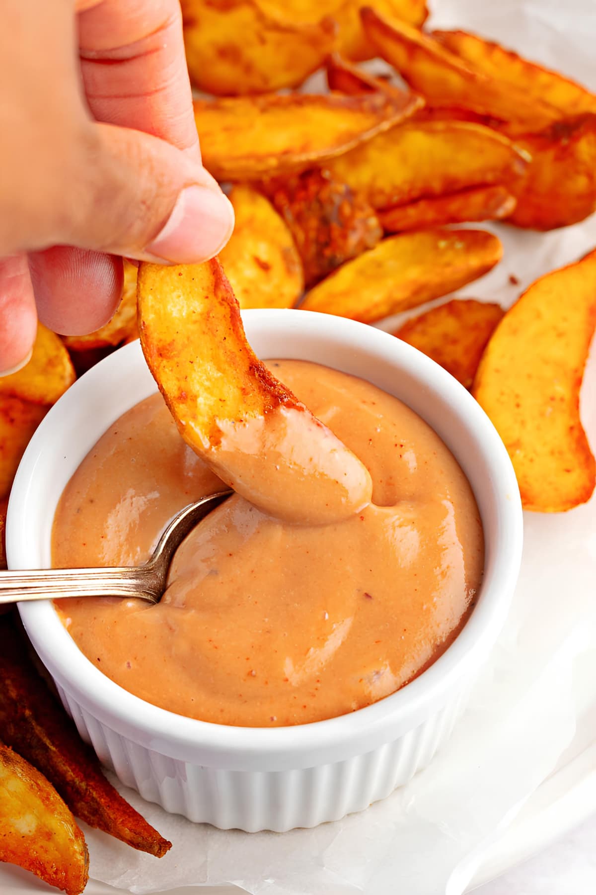 Fried potato wedges dipped in Red Robin Campfire Sauce.
