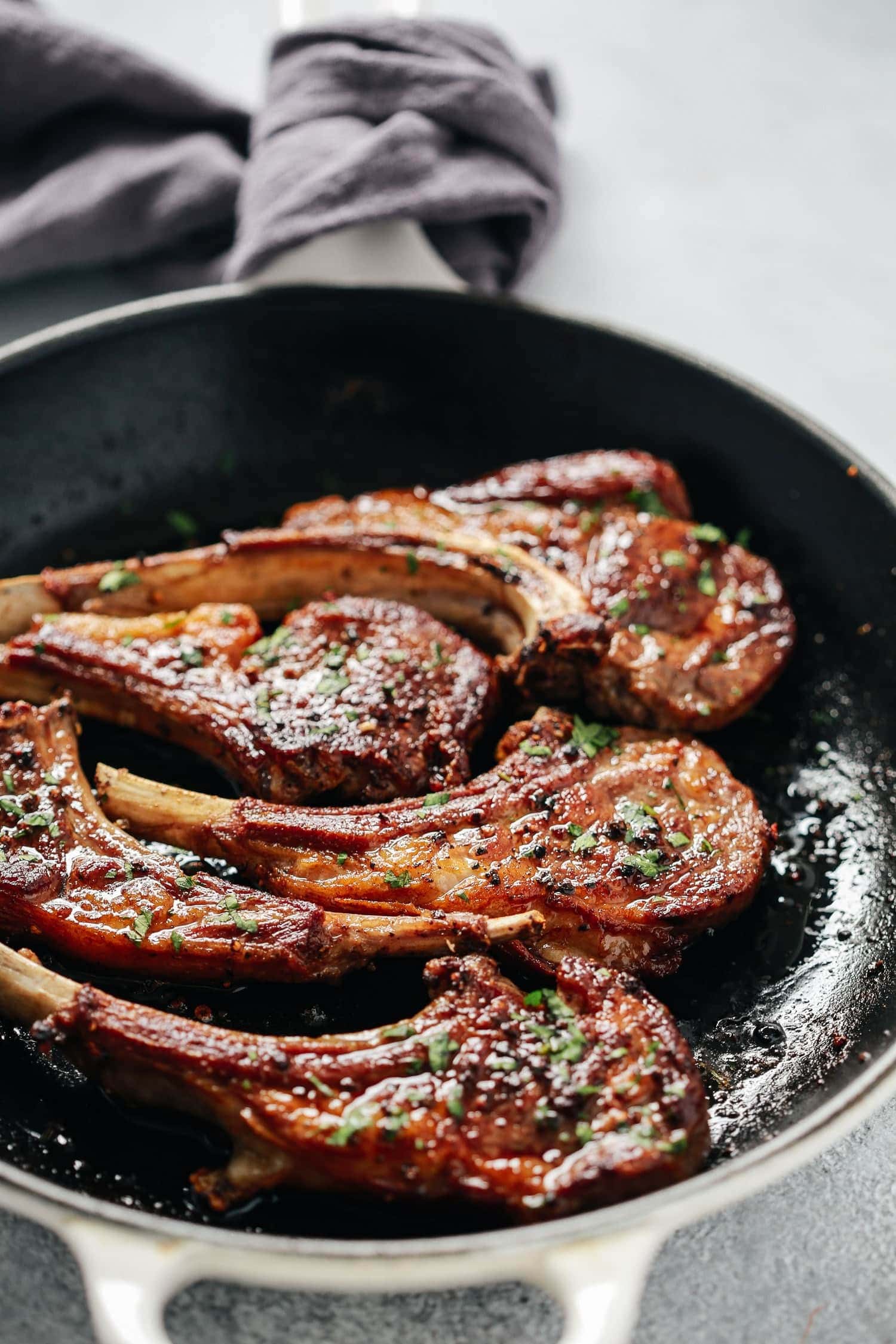 Lamb chops cooked in glorious garlic, butter, and thyme sauce.