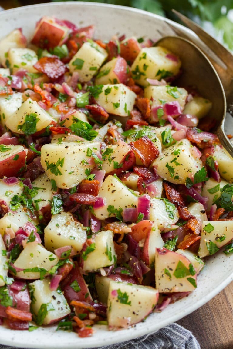 Potato salad with  creamy red potatoes, bacon, and red onion.