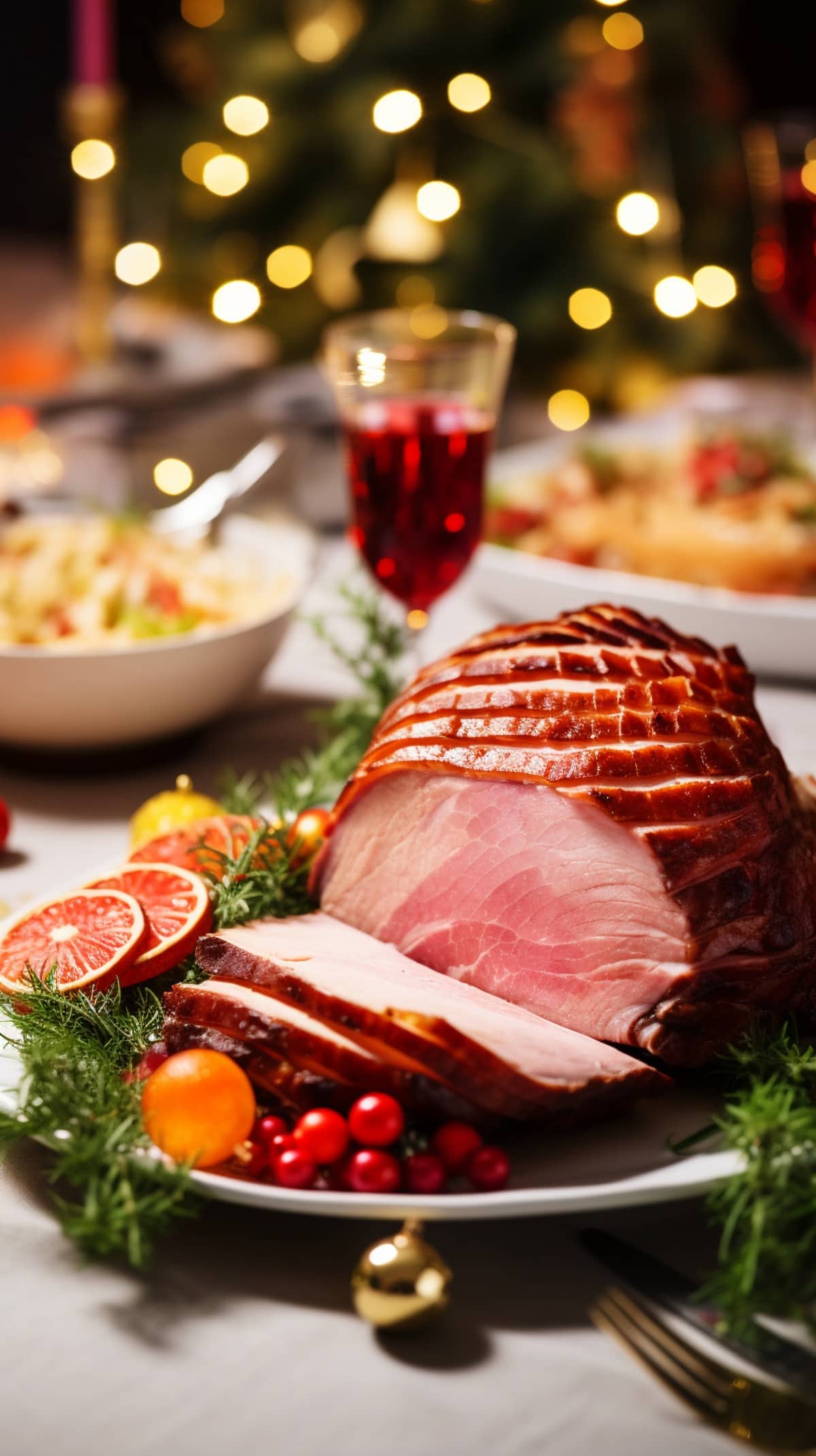 Sliced glazed ham on a holiday table. 