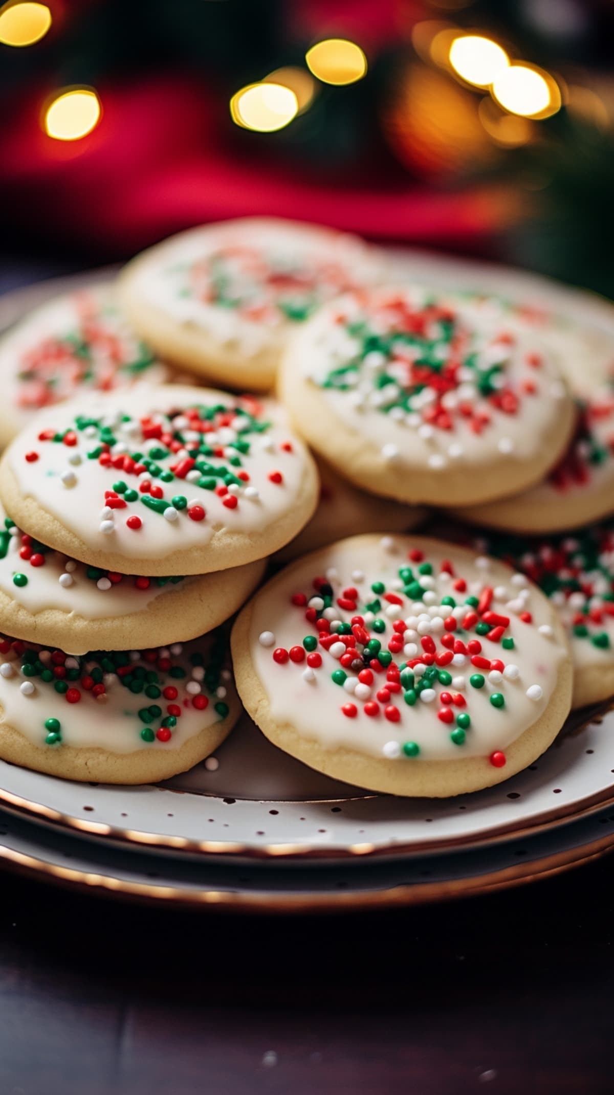 Bunch of white coated cookies with sprinkles on a holiday table. 