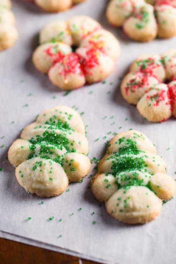 Spritz cookies sprinkled with colored sugar. 
