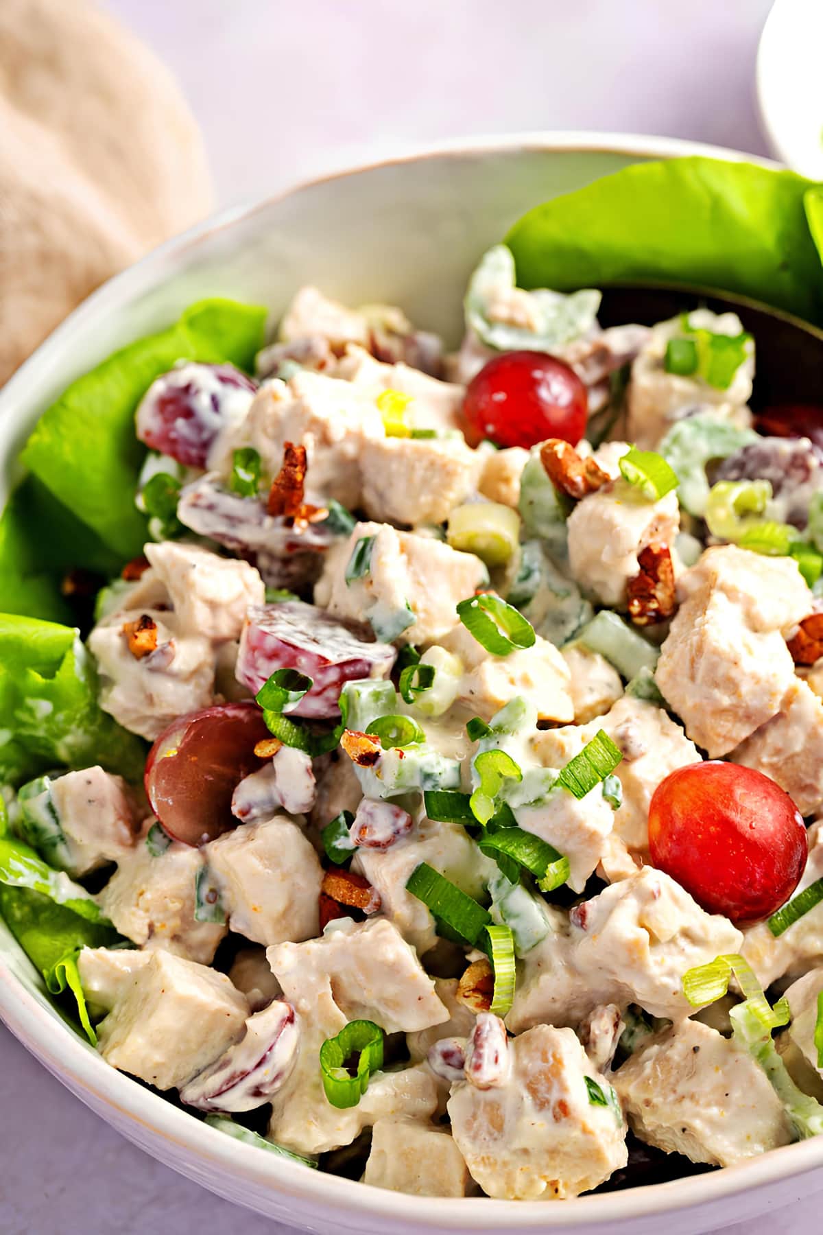 A bowl of chicken salad with grapes, yoghurt, chopped pecans, onions and celery. 