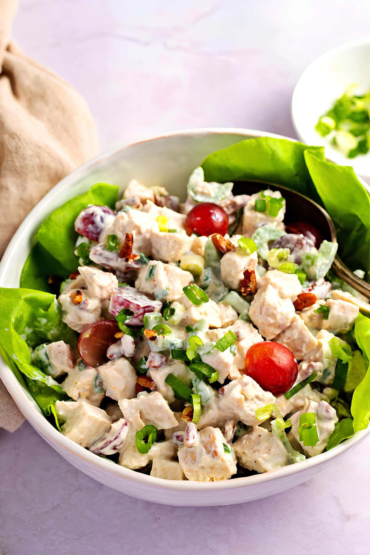 Greek Yogurt Chicken Salad (Healthy & Easy Recipe): A bowl of chicken salad with yoghurt, grapes, chopped pecans, celery stalk and onion on a bed of lettuce leaves. 