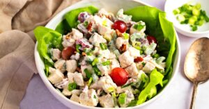 A bowl of chicken salad with Greek yogurt salad.