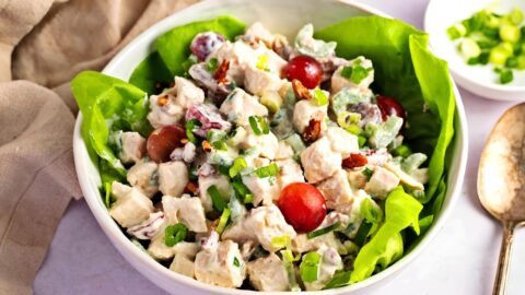 A bowl of chicken salad with Greek yogurt salad.