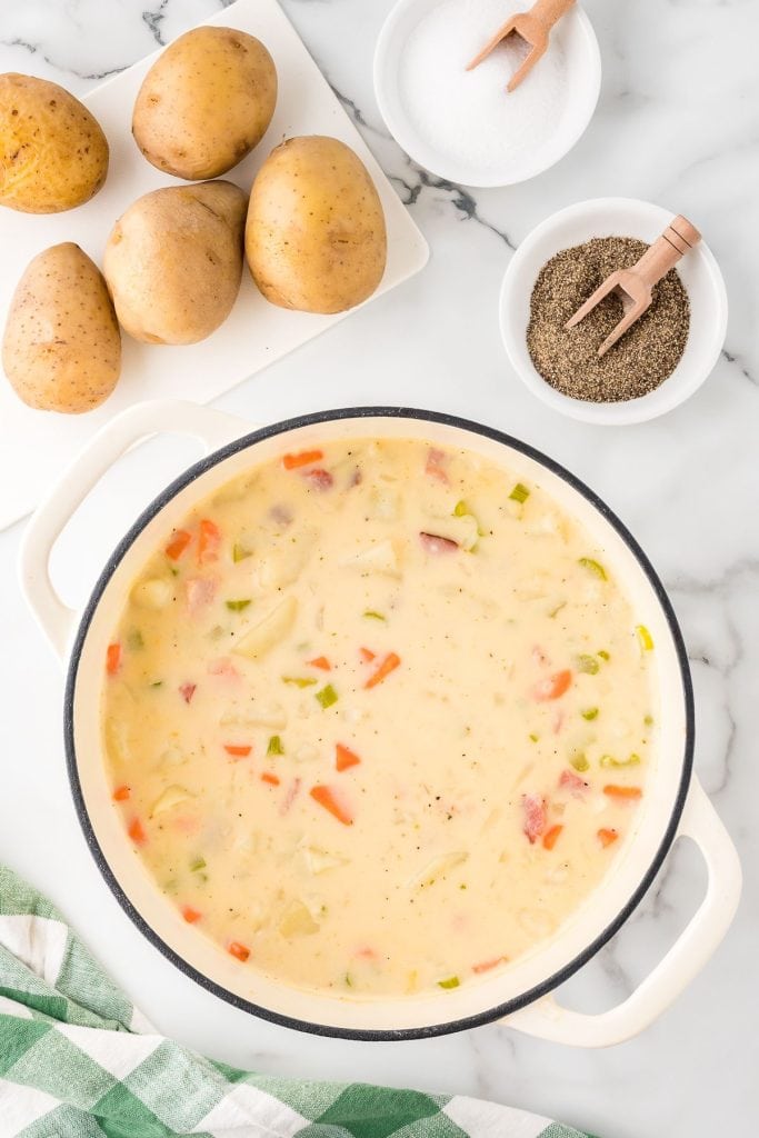 Creamy ham and potato soup in a white stockpot with whole potatoes, salt, and pepper on the side, top view