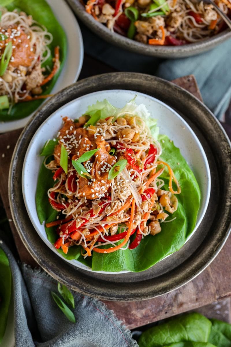 Healthy homemade high-protein lettuce wraps with creamy peanut sauce