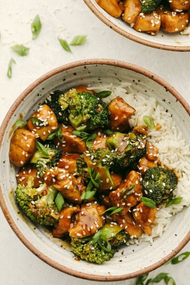 Chicken breast and broccoli in hoisin sauce topped on white rice served on a bowl. 