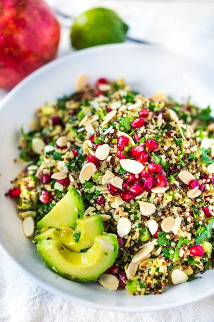 Crunch salad with  sliced almonds, chopped avocado, juicy pomegranate seeds, and fresh parsley.
