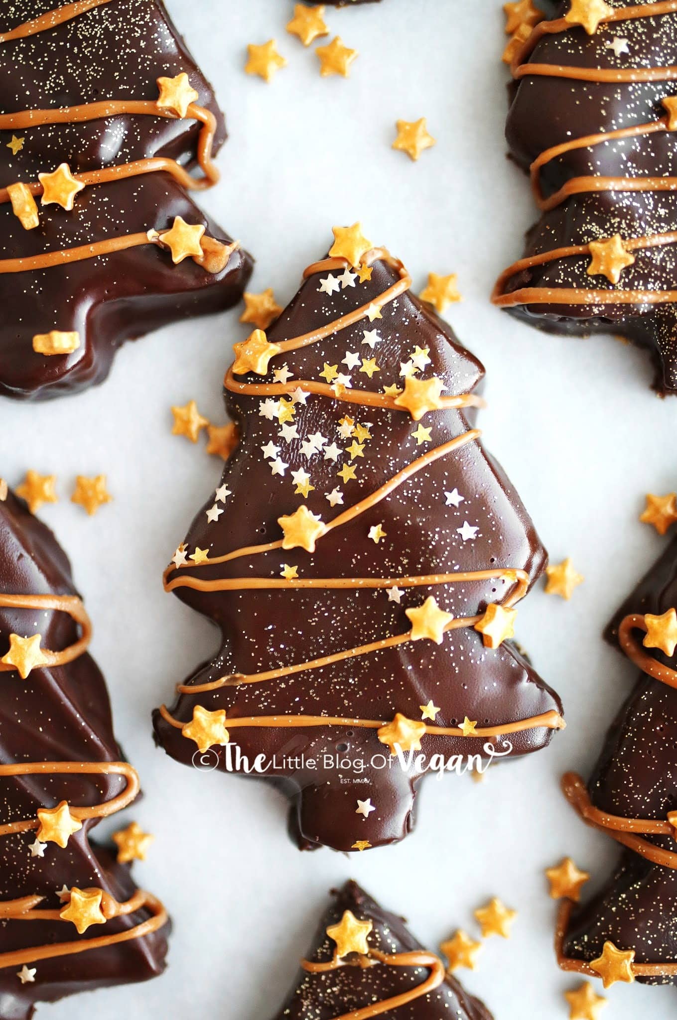 Christmas tree shaped brownies coated in chocolate decorated with drizzle of caramel syrup and star candies garnish. 