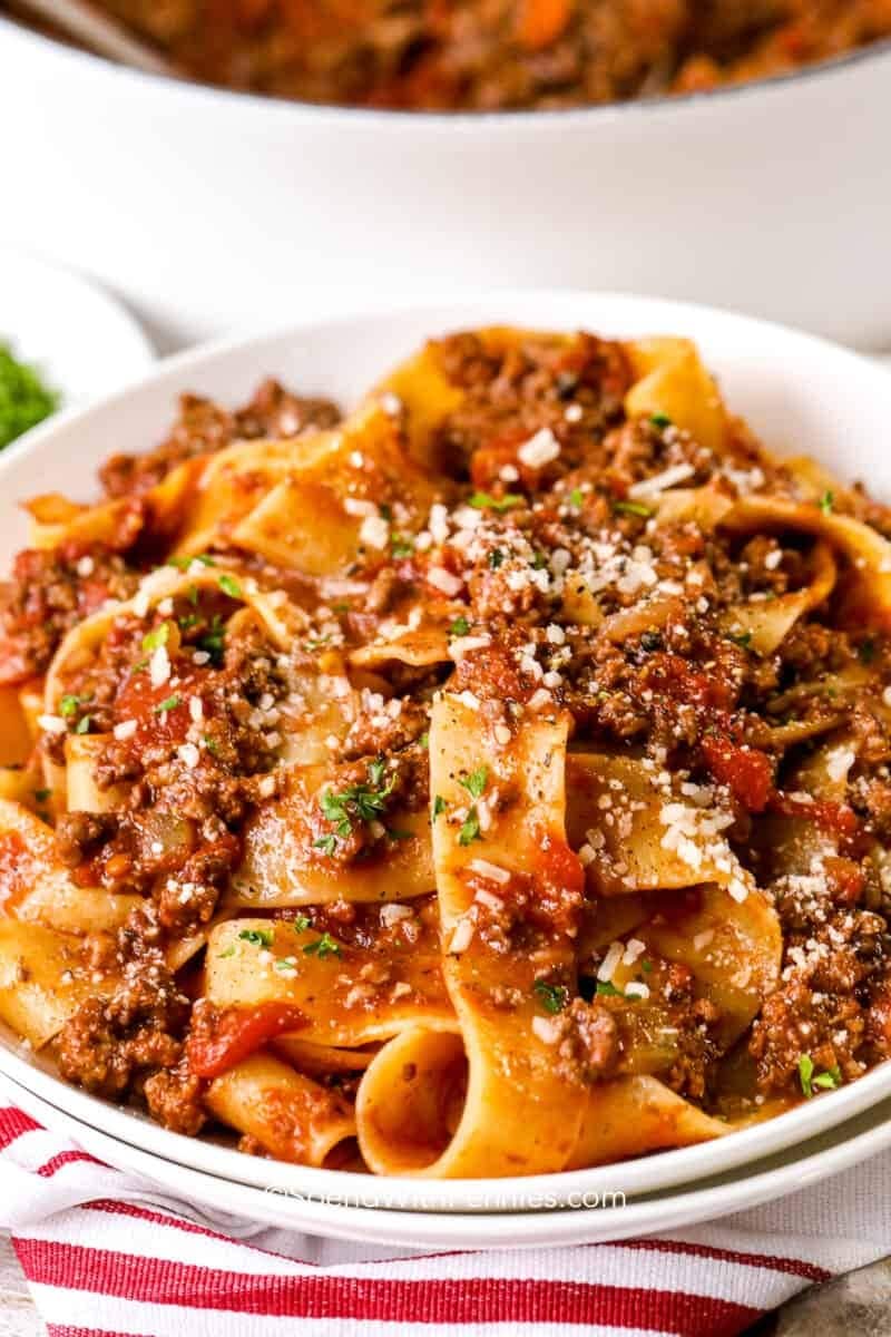 Pappardelle pasta served with meaty bolognese sauce. 
