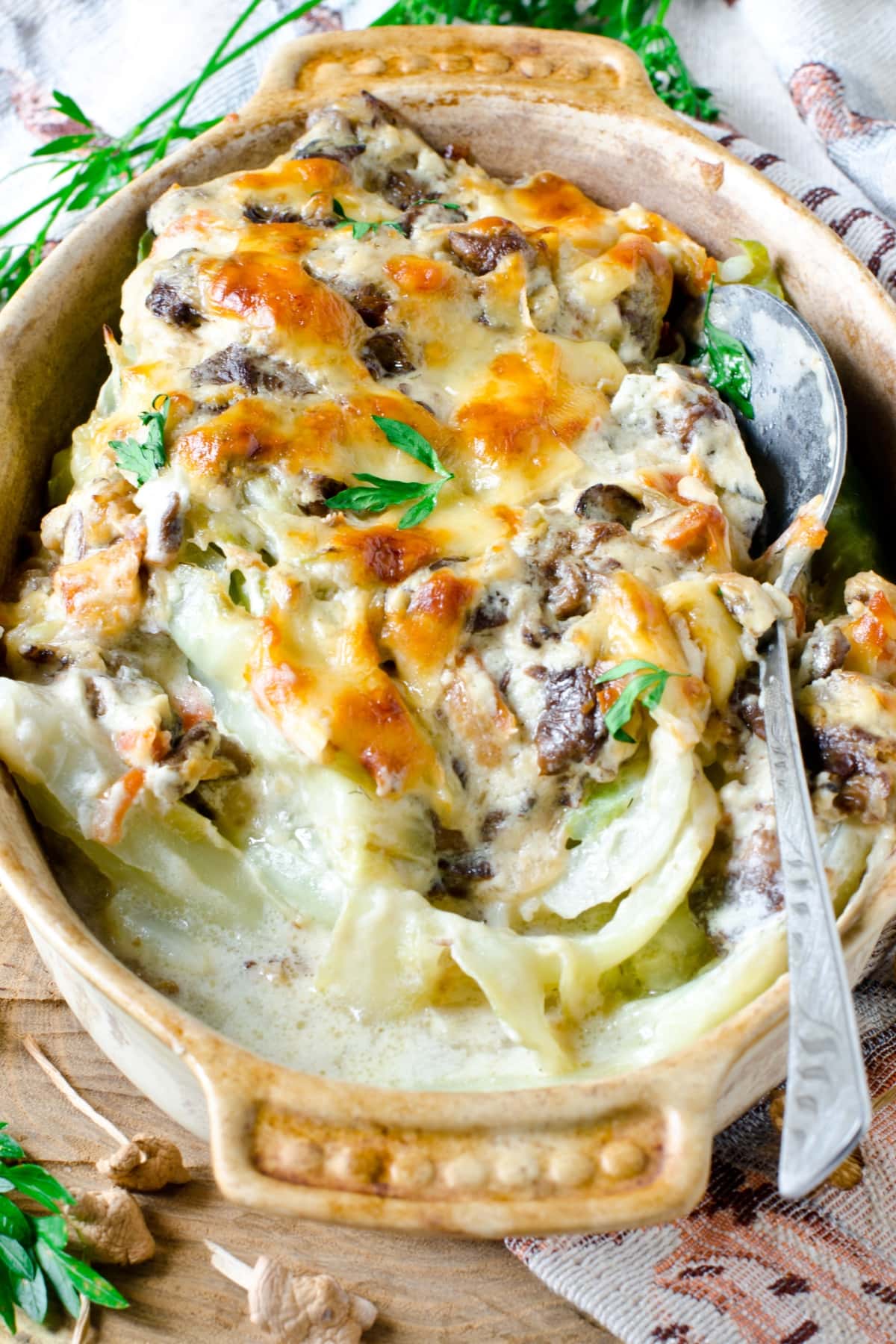 Creamy Cabbage Casserole with Mushrooms, Herbs and Ground Beef