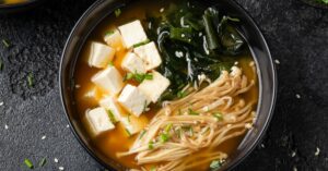 Homemade Warm Miso Soup with Tofuc, Mushrooms and Seaweeds