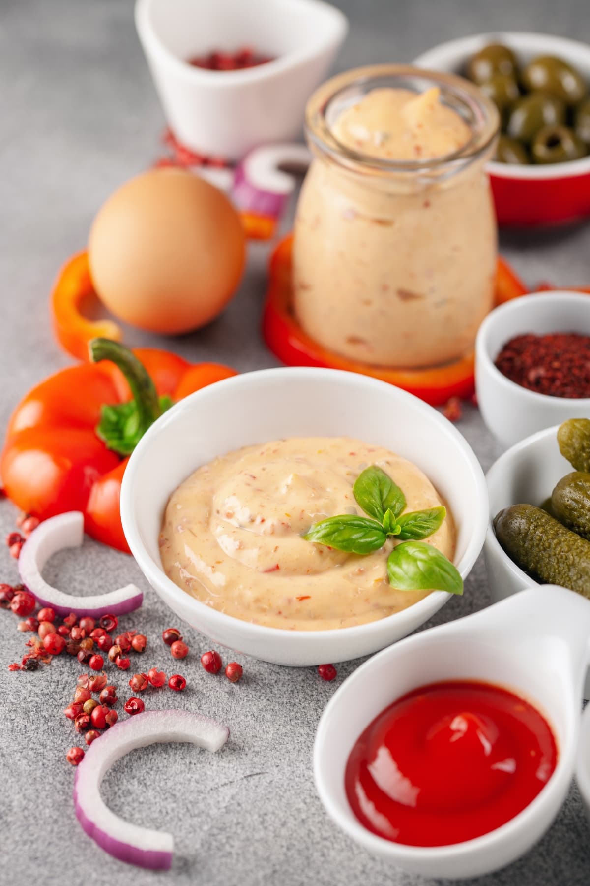 Thousand Island Dressing with Ingredients - Onions, Ketchup, Tomatoes and Pickle Relish