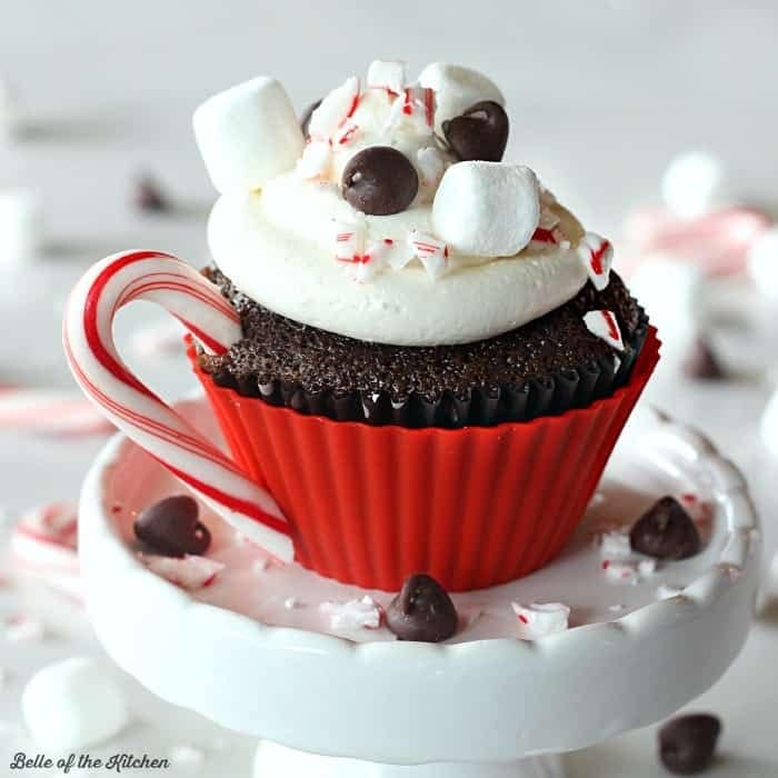 Chocolate cupcake decorated with candy cane and frosting topped with marshmallows and chocolate. 