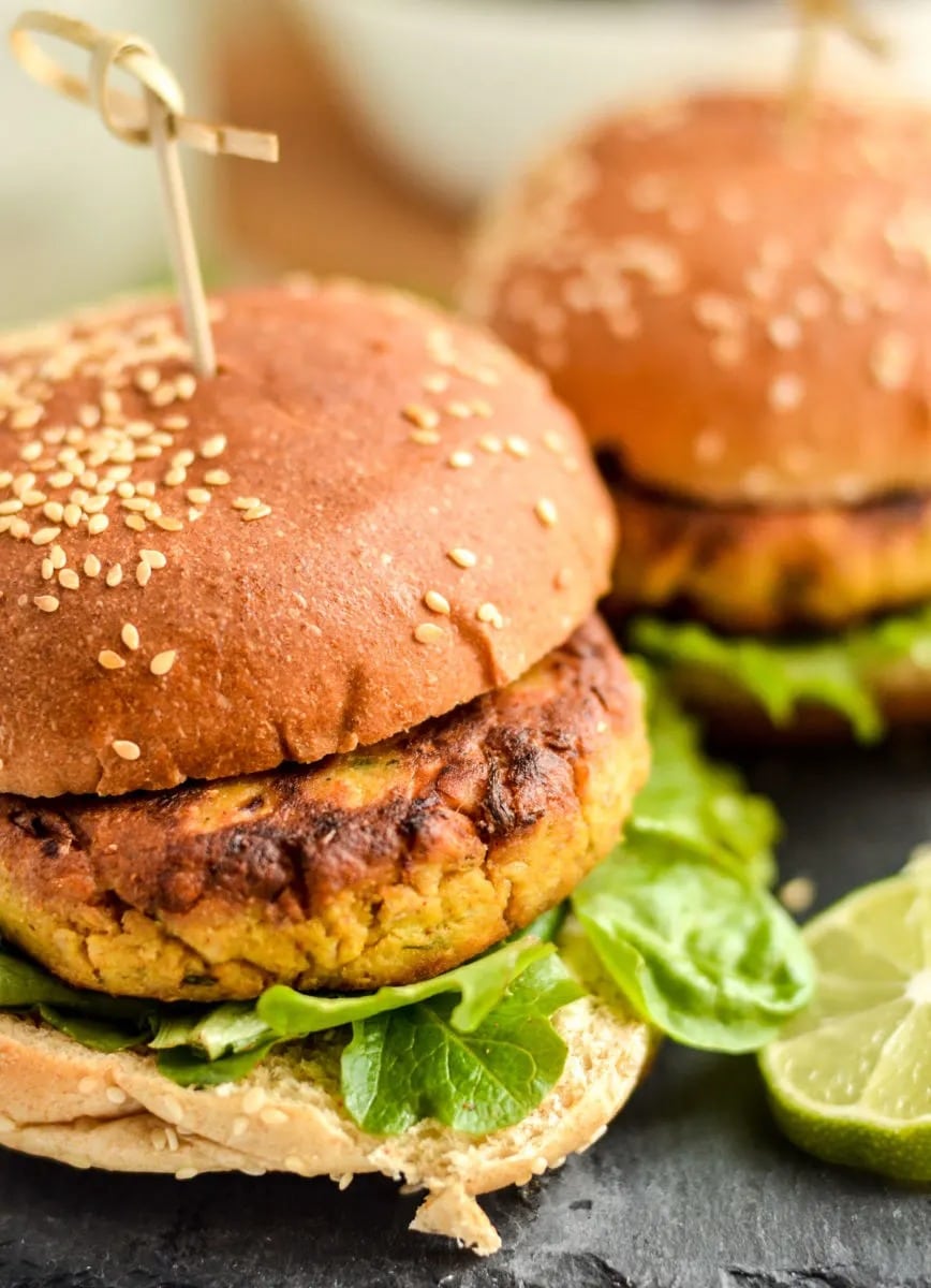Buns with jackfruit patty and lettuce. 