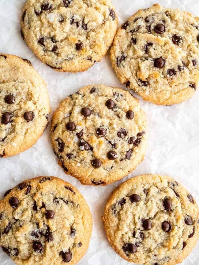 Chocolate chip cookies flat lay sprinkled with rock salt. 