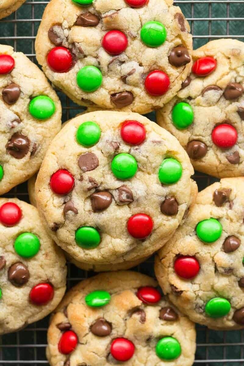 Bunch of cookies with chocolate chips and M&Ms candies. 