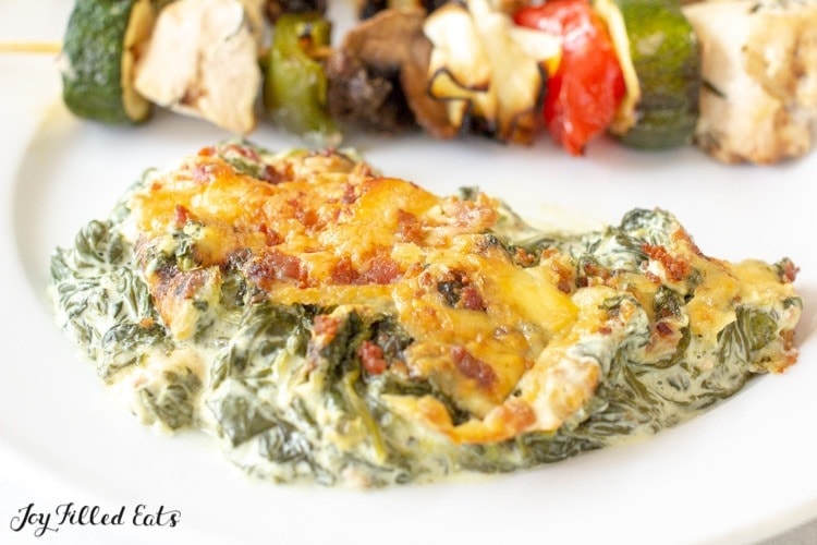 Creamed spinach with cheese and vegetable kebab on plate. 