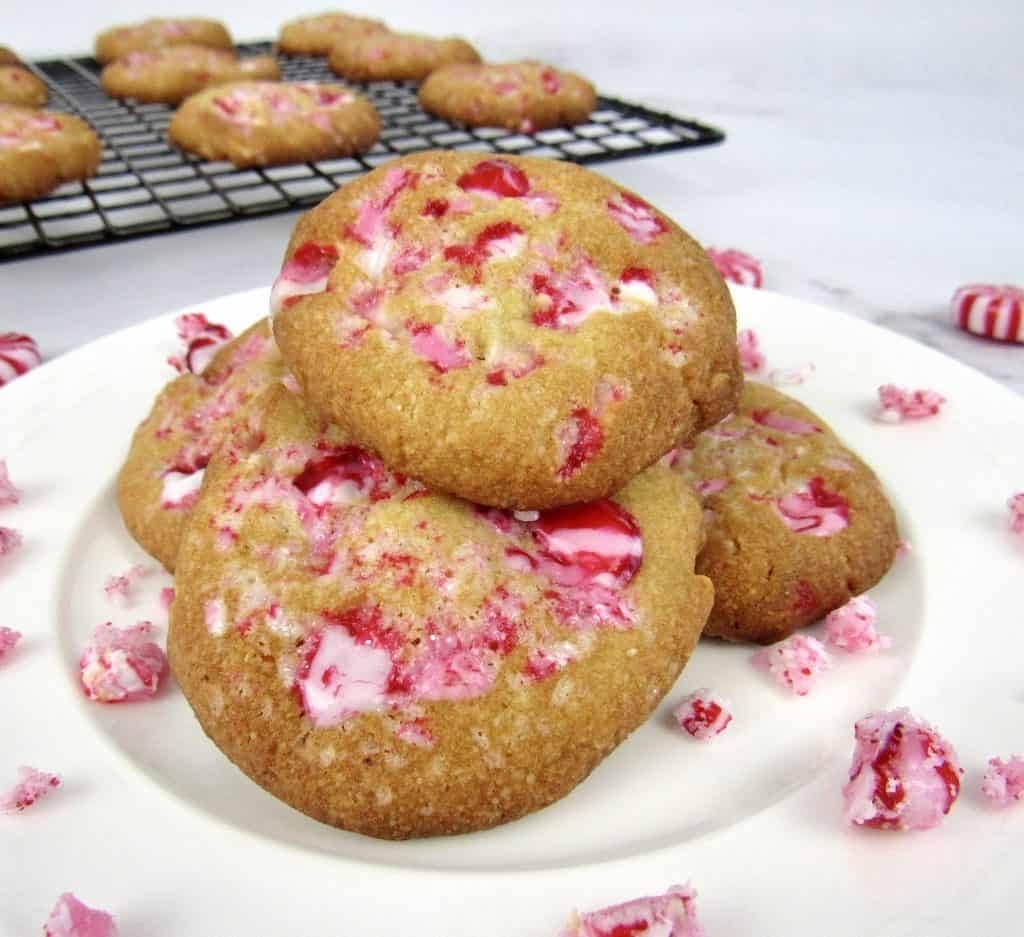 Bunch of cookies with peppermint candies. 
