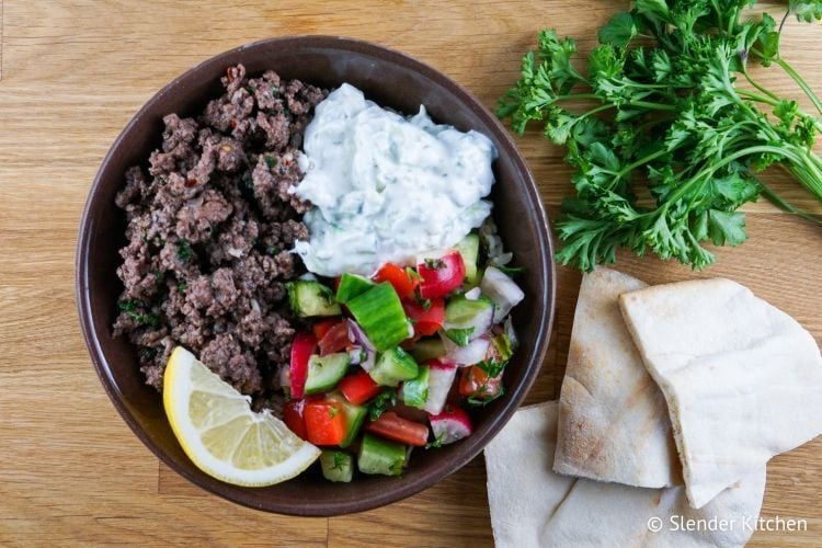 Kofta Beef Bowls with Ground Beef, Cucumber and Tomato Salad with Red Onions, and Homemade Tzatziki Sauce