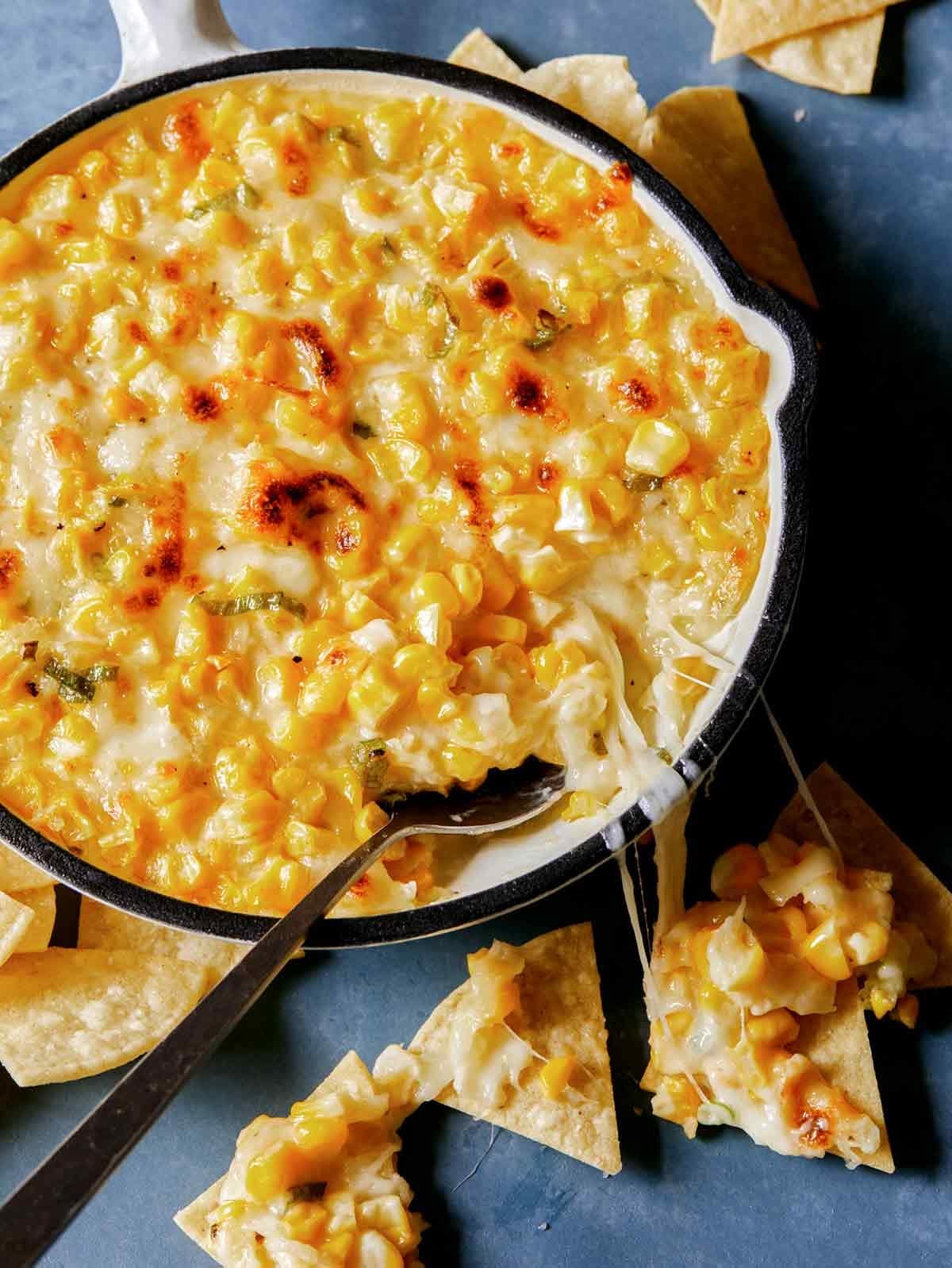 Corn and cheese dip in skillet.
