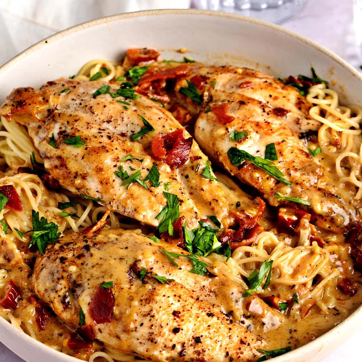 A bowl of chicken breasts dish cooked with creamy sauce, pasta, bacon bits and chopped herbs. 