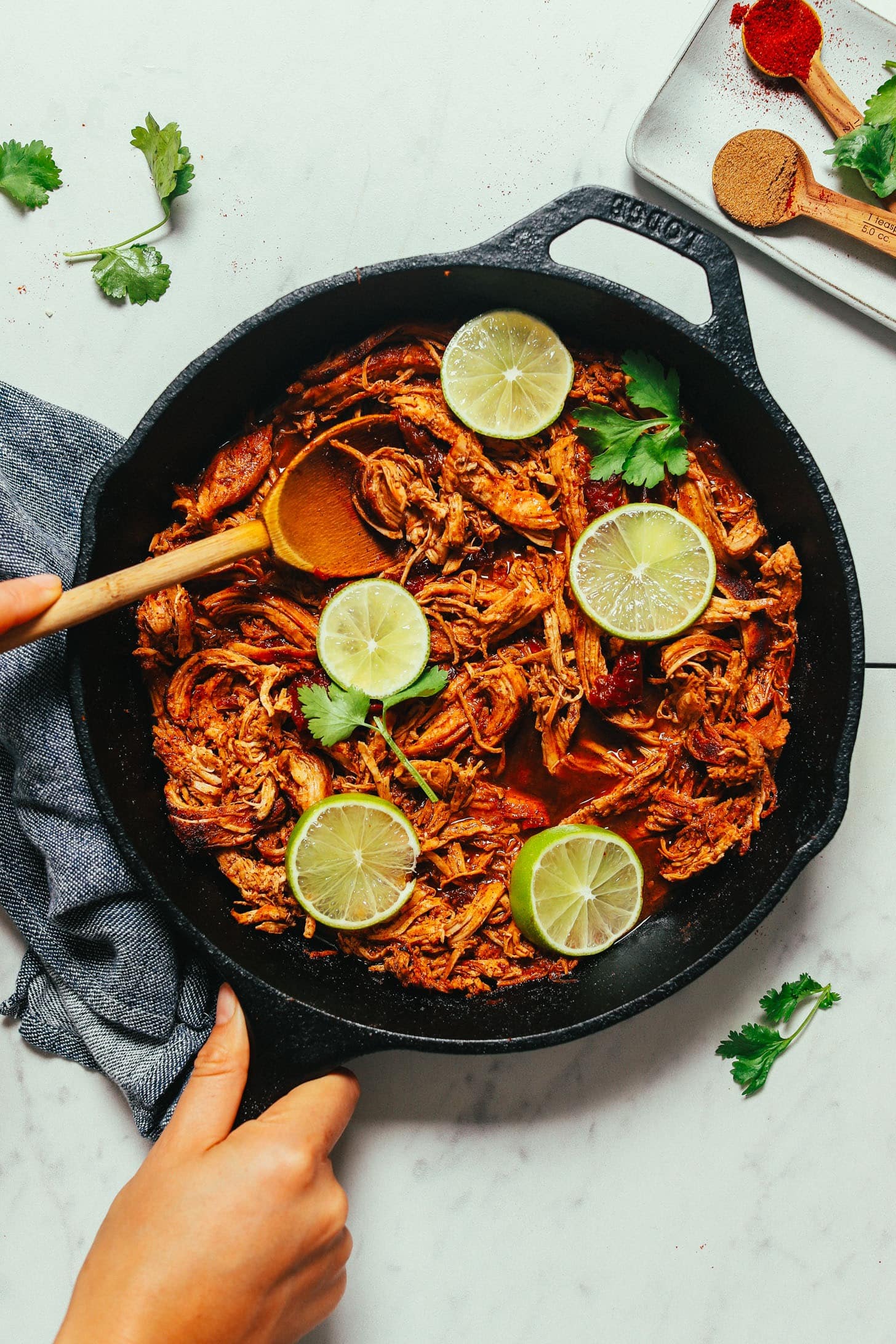 Shredded chicken meat cooked with Mexican spices on a skillet. 