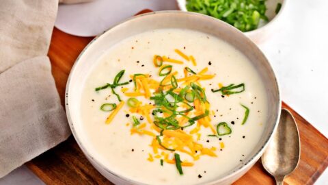 A serving of creamy potato soup in a bowl.