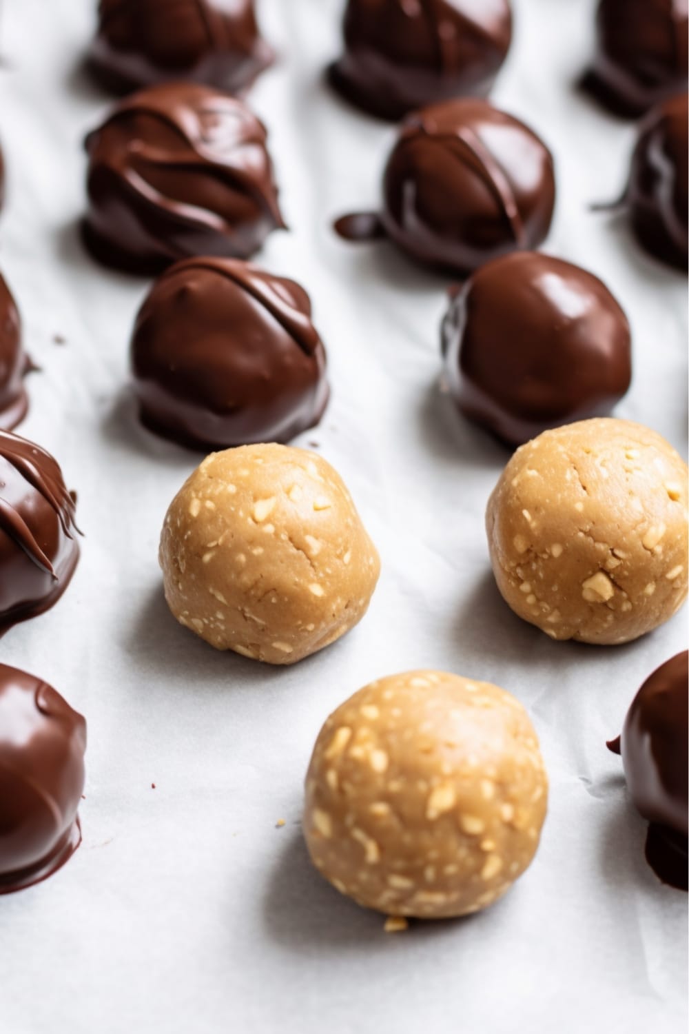 Peanut butter balls coated with chocolate arranged on a sheet pan with parchment paper. 