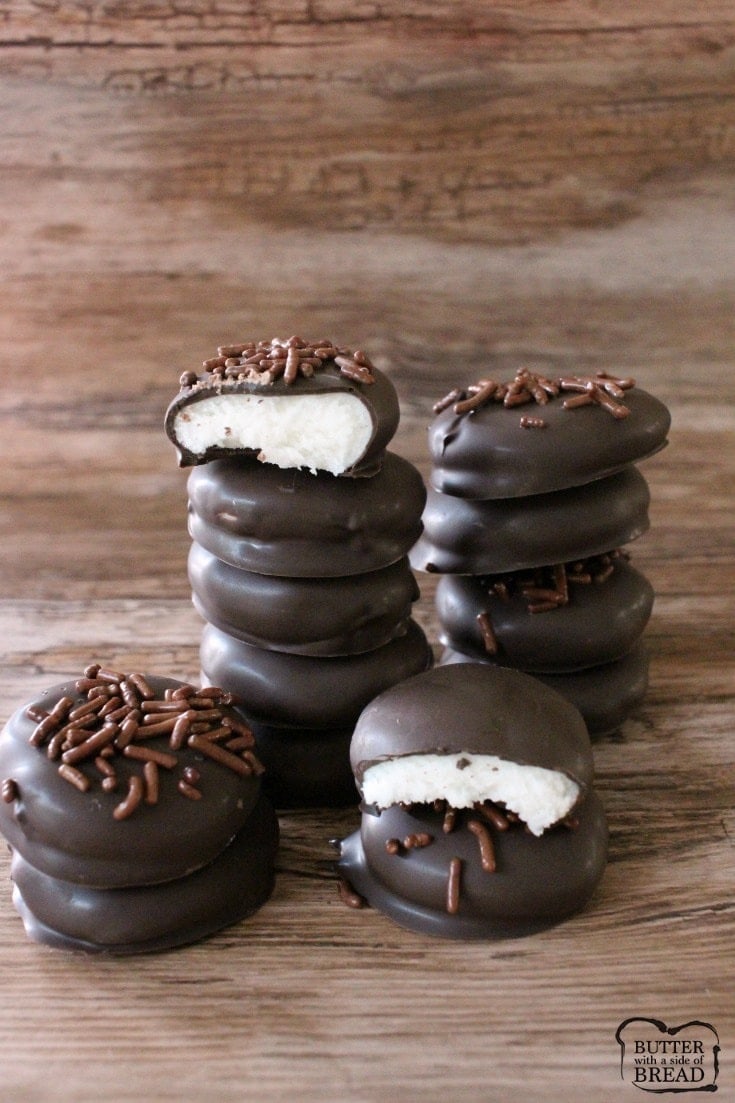 Piled of peppermint candies covered in dark chocolate.