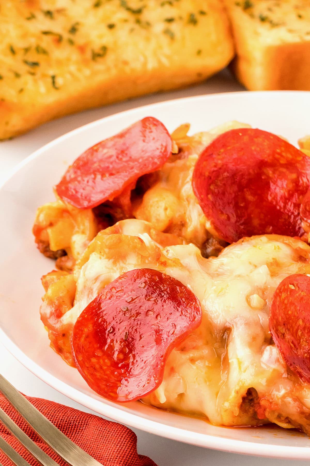 A serving of Pepperoni Pizza Casserole on a plate