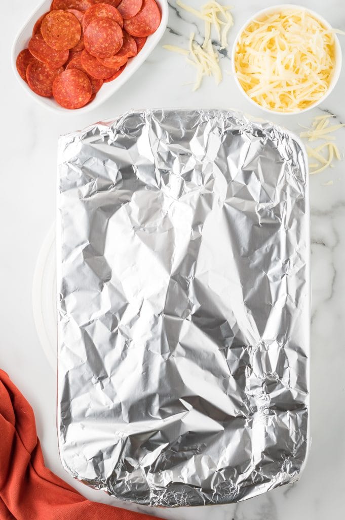 Casserole covered in aluminum foil