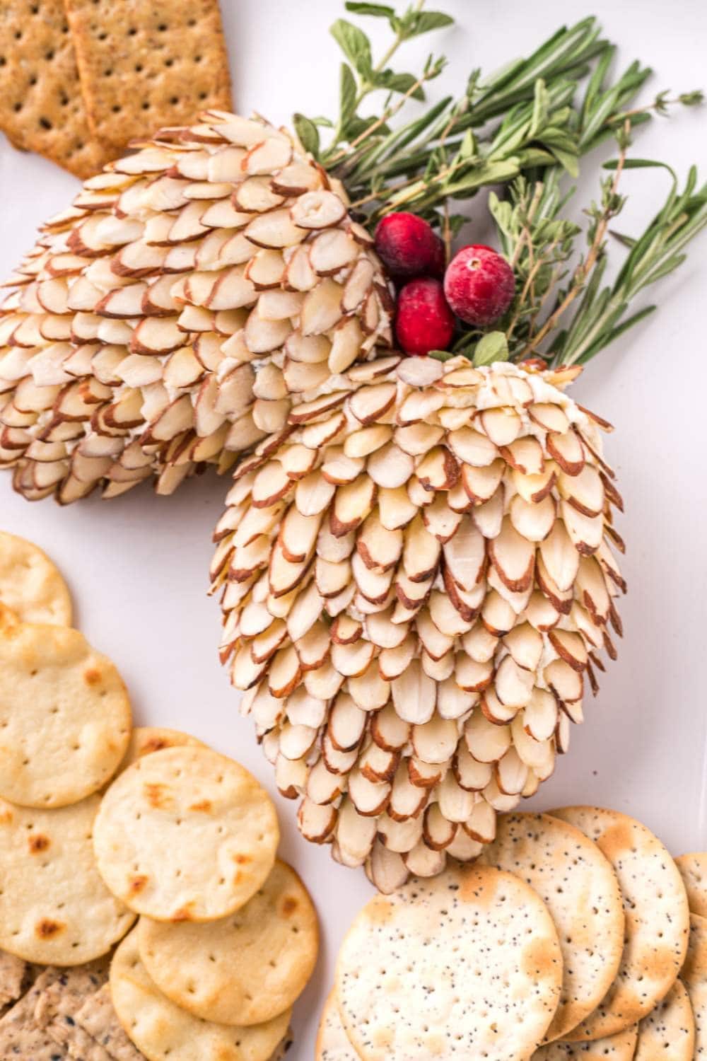 Pinecone inspired cheeseballs served with crackers.