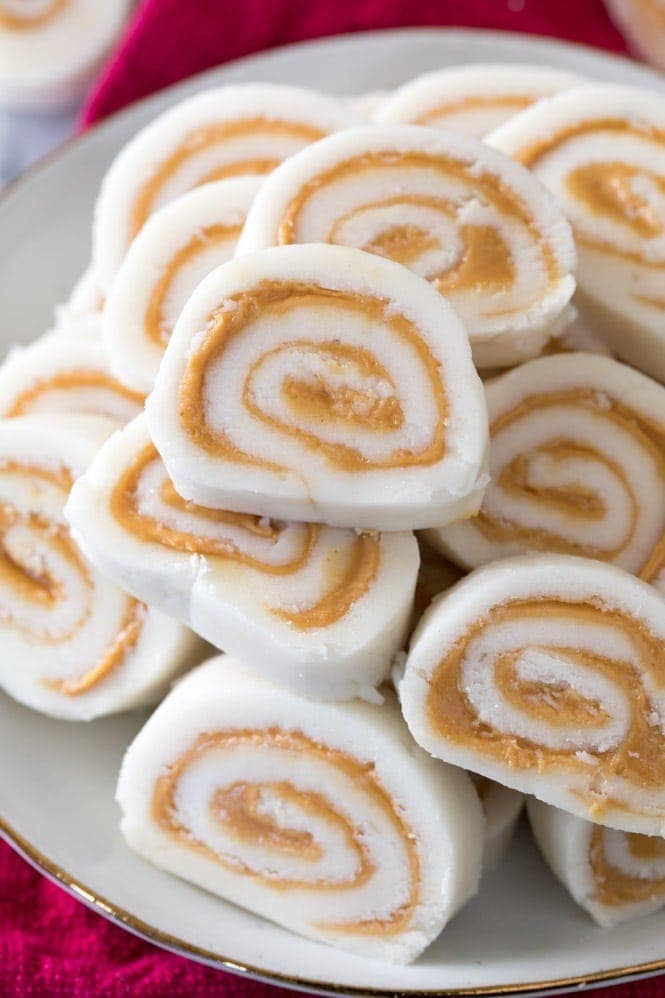 Bunch of pinwheel candies with peanut butter candies. 