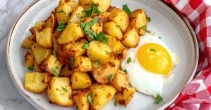 Crispy and golden air fryer potato wedges topped with herbs served with egg
