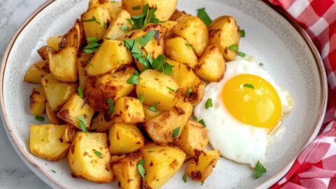 Crispy and golden air fryer potato wedges topped with herbs served with egg