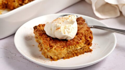 A slice of pumpkin dessert in plate.