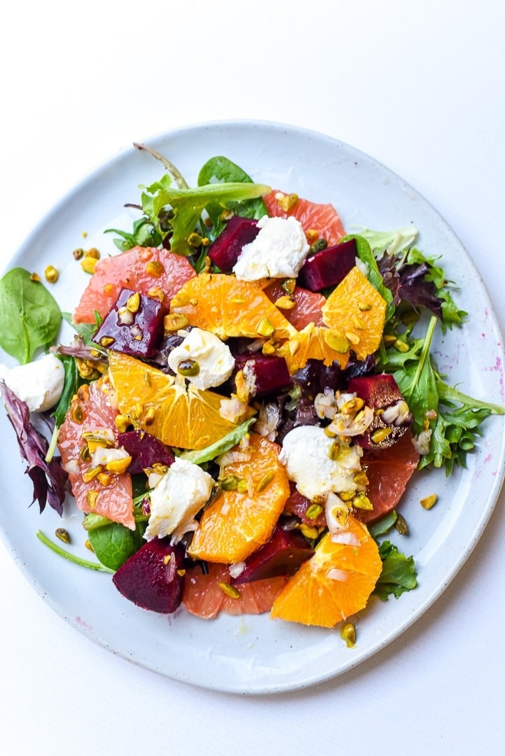 Roasted beet and ricotta salad in a plate. 